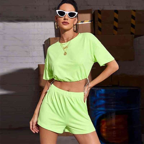 

women's jumpsuits & rompers fluorescent tracksuit women set street short t shirt 2 piece shorts casual drawstring high waist, Black;white