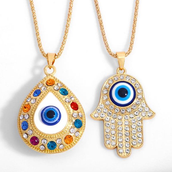 

pendant necklaces gold alloy fatima hand necklace female jewelry turkish blue evil eyes inlaid rhinestone crystal long sweater chain, Silver