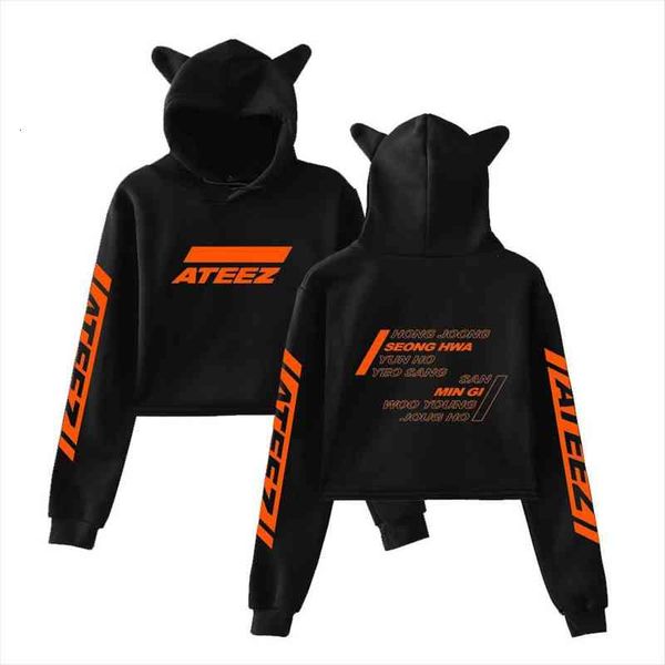 

kpop ateez cat crop hoodies hoodies harajuku streetwear for women, Black