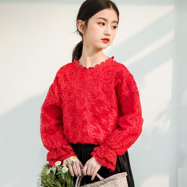 

shirts elegant party lace for teenage girl long sleeve red rose flower blouse princess kids girls clothes, White;black