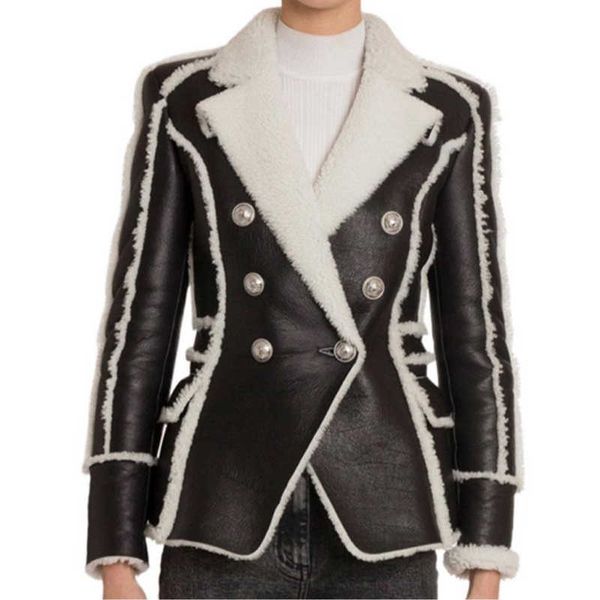 High Street 2020 elegante designer jaqueta Double Breasted Lion Botons Faux Fur Leather Blazer Coat X0721