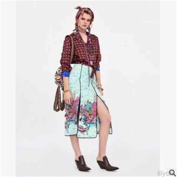 

summer fashion women skirt venice water city print split slit stitching zipper, Black