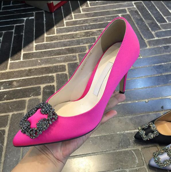 

dress shoes classics brand pumps women high heel wedding 10cm square buckle drill red high-heeled with thin 35-42 w2wa, Black