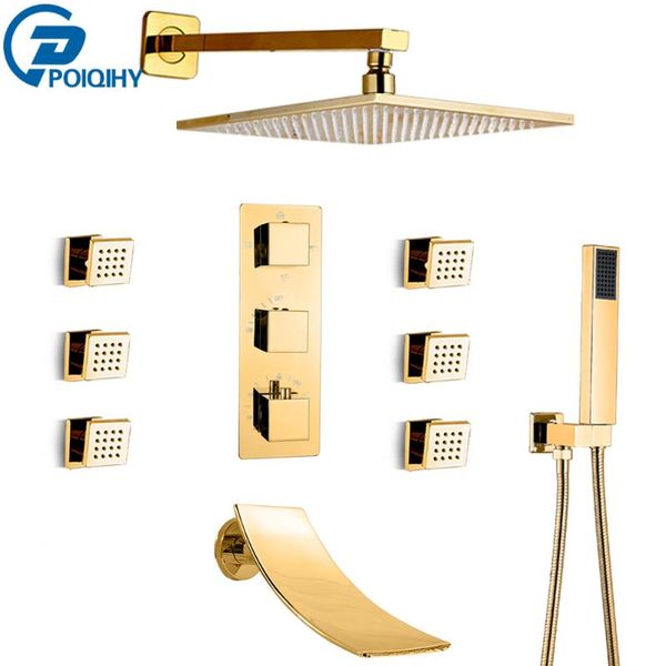 

golden shower set thermostatic mixer faucet brass massage jet waterfall bath concealed tap bathroom sets