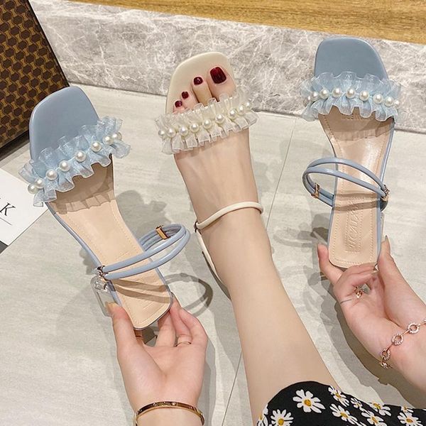 

sandals women's shoes summer 2021 pearl middle heel thick french girl high two crystal slippers, Black