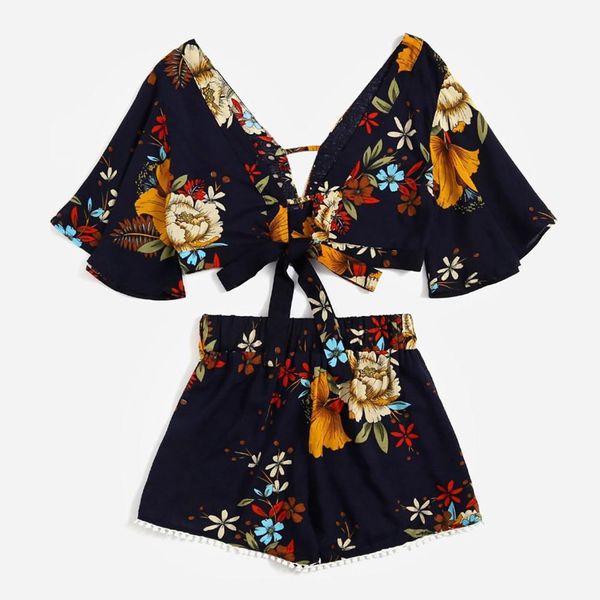 

summer clothes 2 piece womens tracksuits set pullover casual two botanical print v collar shorts beachwear, Gray