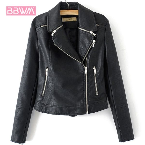 

pu lapel zip slim long sleeve black women's jacket autumn locomotive harajuku windproof female coat short personality 210507