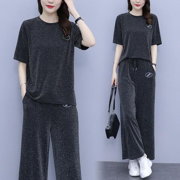 

women's two piece pants summer set women casual patch loose o neck tshirts high waist elastic wide legs 2021 korean comfortable suit, White