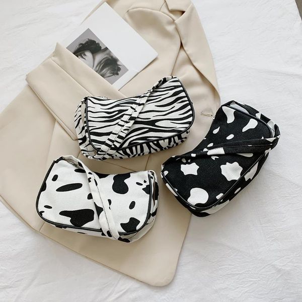 

vintage women cow zebra pattern printing canvas shoulder underarm bag casual ladies small handbags purse evening bags