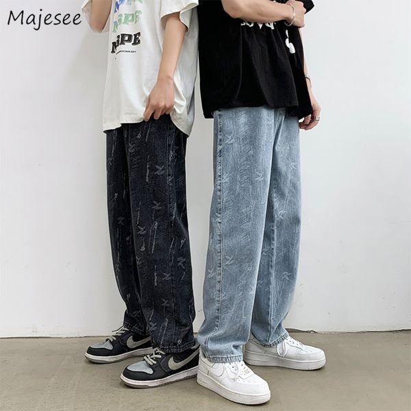 

men's printed loose jeans, middle waist zipper, hip hop retro urzan style, Blue