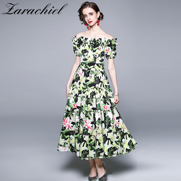 

summer runway holiday boho long women's off the shoulder short puff sleeve lily floral print ruffles beach dress 210416, Black;gray