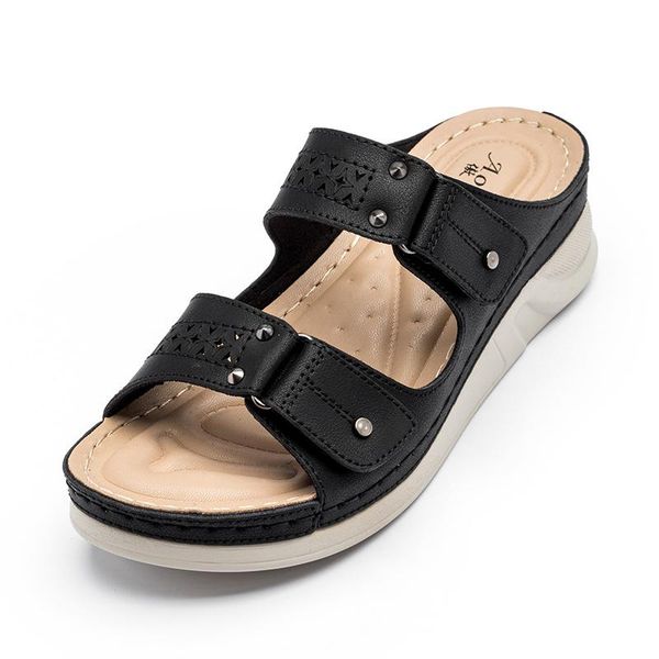 

women wedges slipper platform peep toe casual ladies high heel beach slip on mules slides comfortable flip flop slippers, Black