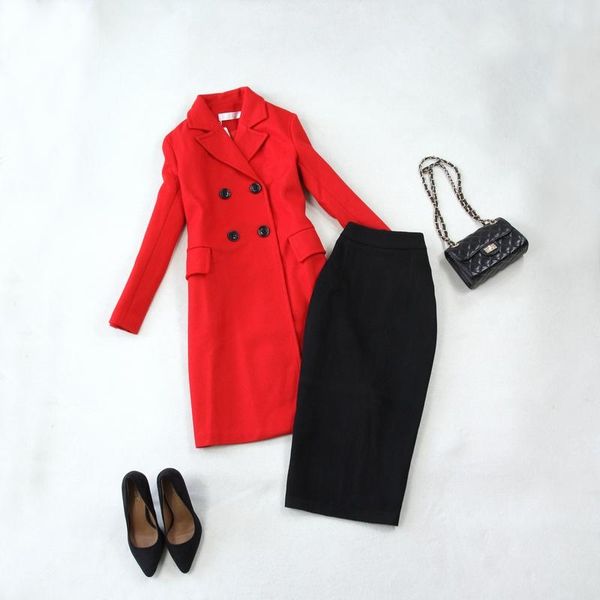 

women's suits & blazers autumn and winter wool red double-breasted long suit coat + woolen pencil thick black skirt office clothes blaz, White;black