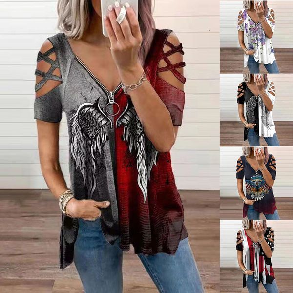 

2021 summer women's printed contrast cross short sleeve zipper v-neck t-shirt, White