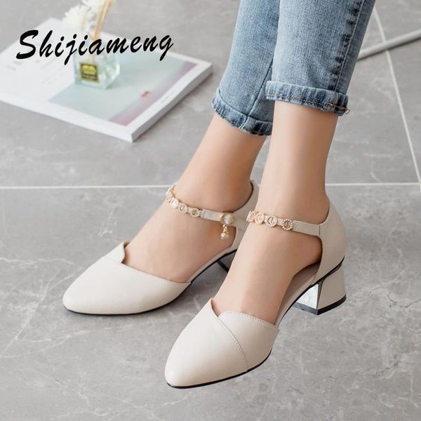 

dress shoes sandals for woman spring summer wild thick lattice single buckle high heel low female sandalias, Black