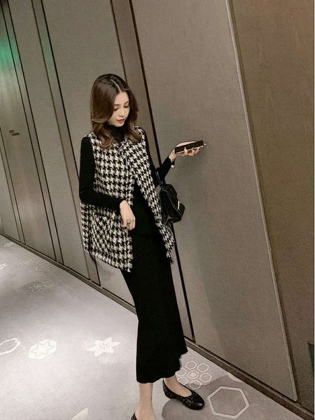 

women's jackets coats jacket korean version small fragrant two piece suit spring and autumn thousand bird check shawl woolen vest u91d, Black;brown