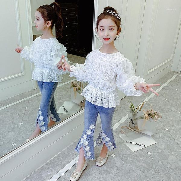 

clothing sets girls set teen school spring white lace 3d flowers + flare jeans kids elegant tracksuit for 6 8 10 12 13years