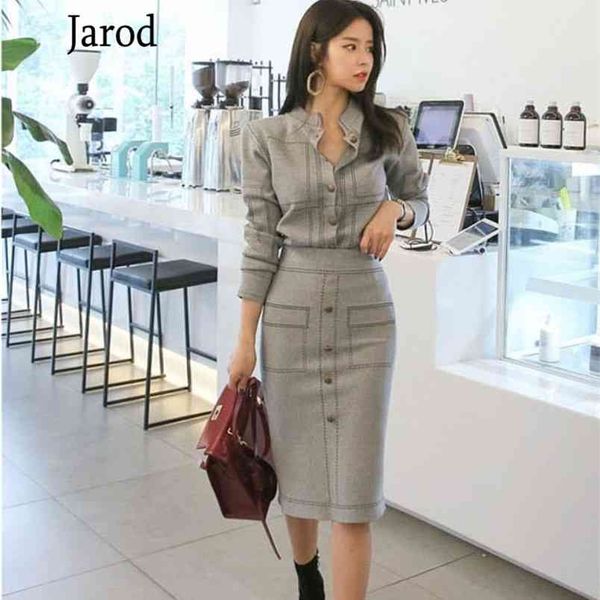 

autumn women elegant 2 piece set office ol single breasted knitting sweater coats+pencil midi skirts suits for women 210519, White