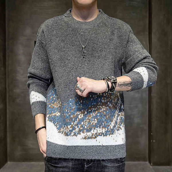 

snow mountain print knitted sweater men warm long sleeve korean style casual winter clothing pullover o-neck pull mens sweaters 210524, White;black