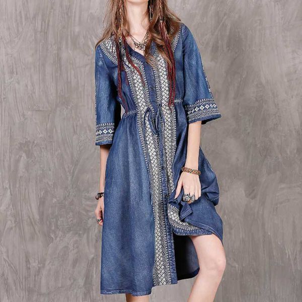 Stickerei Plus Größe Lose Denim Kleider für Frauen Frühling V-ausschnitt Kordelzug Halbe Hülse Vestidos Vintage Elegante 210525