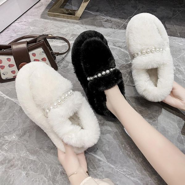 

slippers home indoor fur fluffy women sandals 2021 winter plush casual flats house platform furry slides shoes black white
