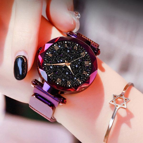 

wristwatches 2021 fashion geometric surface starry sky watches women magnetic quartz luminous pointer price drop, Slivery;brown