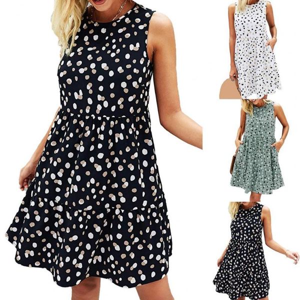 

casual dresses 2021 est summer women dress o neck dots print sundress sleeveless large hem loose knee-length plus size, Black;gray