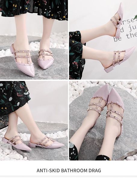 

summer pointed rivets, thick-heeled shoes, half-pack slippers, women's wild super fire ins sandals and slippers, Black