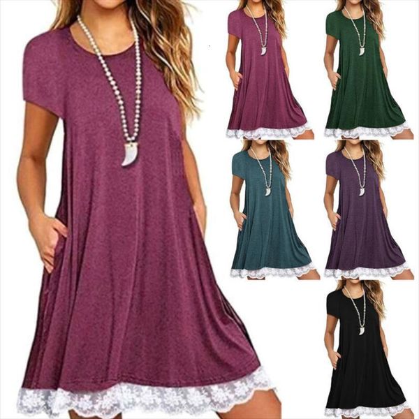 

casual robe lace womens dresses short sleeve solid color t shirt summer women, Black;gray