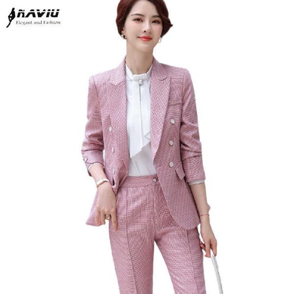 

pink plaid suit fashion professional temperament spring high end slim two piece office ladies casual work wear 210604, White;black