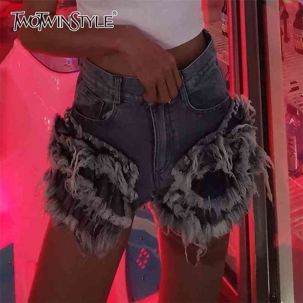 

twotwinstyle patchwork tassel denim shorts women high waist pockets large size female korean summer fashion 210724, White;black