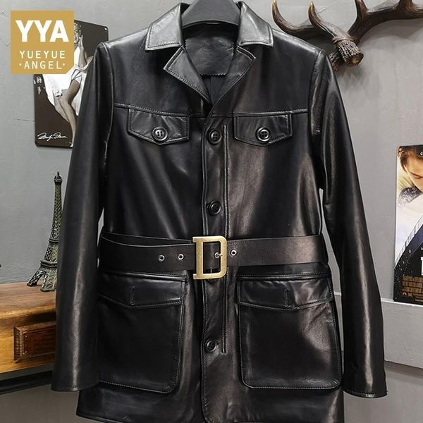 

women's leather & faux euro autumn winter womens sheepskin genuine jackets long sleeve single breasted lapel pockets sashes medium leng, Black