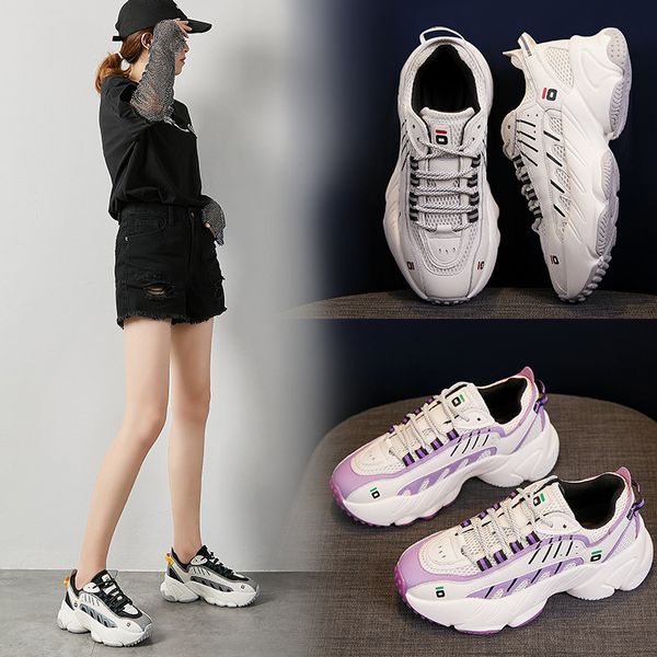 

leather daddy shoes female 2021 spring versatile thick soled student breathable casual net red hip-hop sneakers, Black;white
