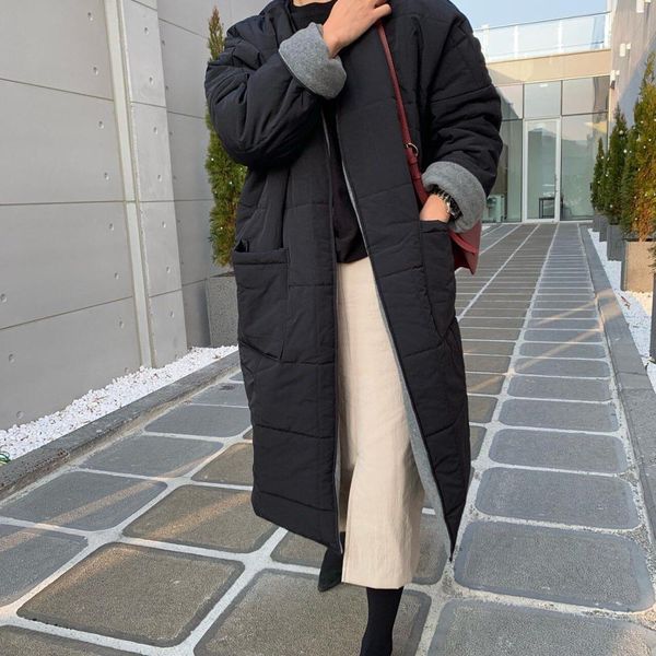 

ol work wear long coat female winter jacket thick warm women parkas classic vintage elegant solid outwear parka 210421, Black