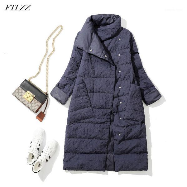

women's down & parkas ftlzz winter 90% white duck jacket double breasted women casual long coats fashion embossed big pocket windproof, Black