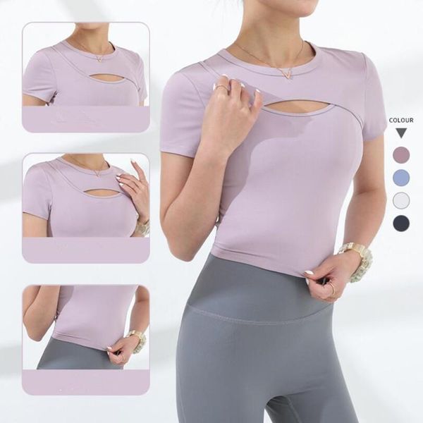 

yoga outfit short-sleeved hollow track suit women's fitness running sports vest breathable stretch quick-drying tights t-shirt