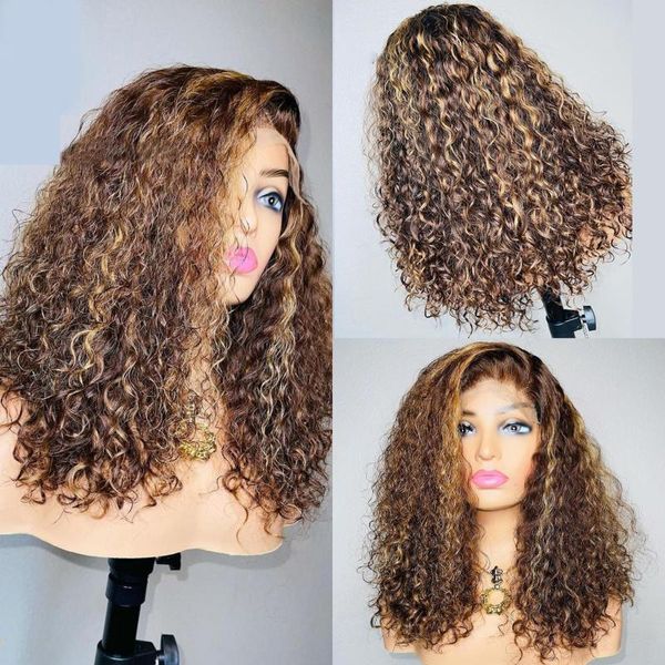 

lace wigs highlight curly 13x4 front wig honey blonde 180% density brazilian ombre brown colored 4x4 closure for black women, Black;brown
