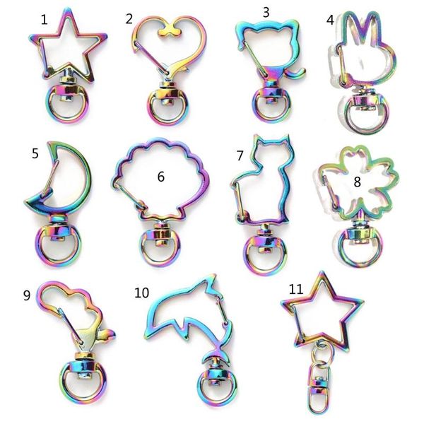 

keychains 10pcs rainbow metal snap hook lobster clasp lanyard with keyring for keychain heart star cat key chain diy bags finding, Silver