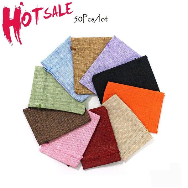 

50pcs/lot fashion drawstring burlap bag jute gift bags with jewelry packaging wedding candy can custom logo wrap