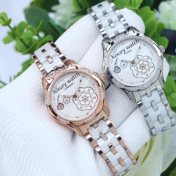 

wristwatches camellia watch cz zircon japanese quartz wrist women ceramic genuine leather sapphire dial watches, Slivery;brown