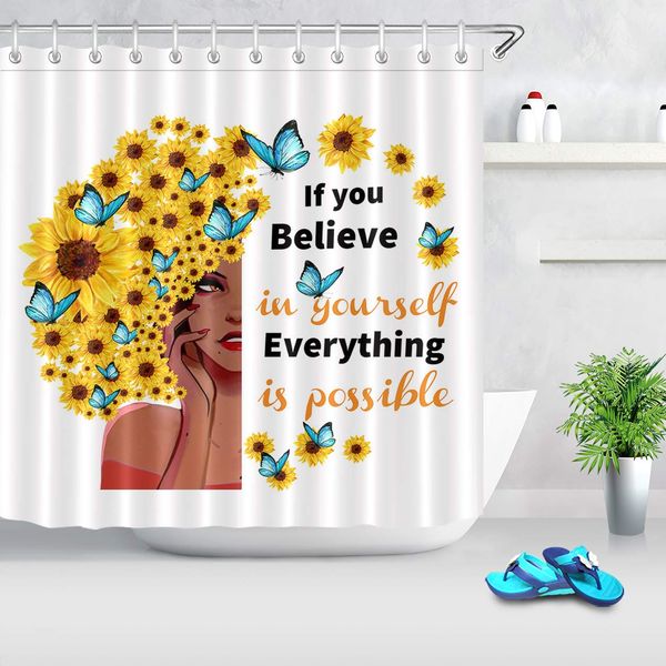 

yellow sunflowers decor african girl shower curtain butterflies flowers with motivation quote shower curtain with words on white