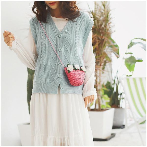 

wallets girl women bohemian woven handbag straw rattan wicker sling bag beach casual shoulder wallet purse, Red;black