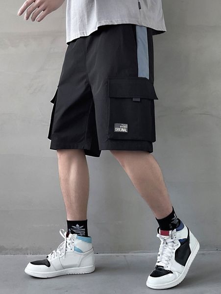 

men letter patched contrast panel flap pocket side shorts z4b6#, Black