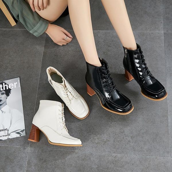 

boots 2021 spring women patent leather boot lace up ankle for platform heels, Black