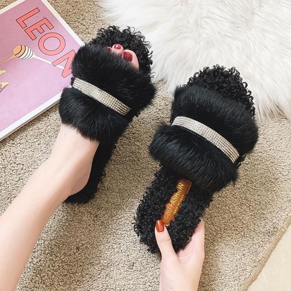 

slippers women's fashion furry indoor zapatos de mujer short plush, Black