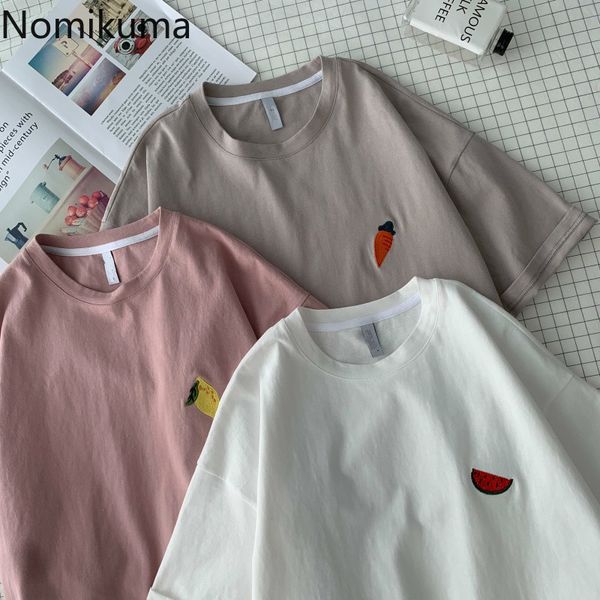 

nomikuma casual fashion o neck short sleeve t shirts embroidery loose sweet tshirts women korean style basic tees 3c125 210514, White
