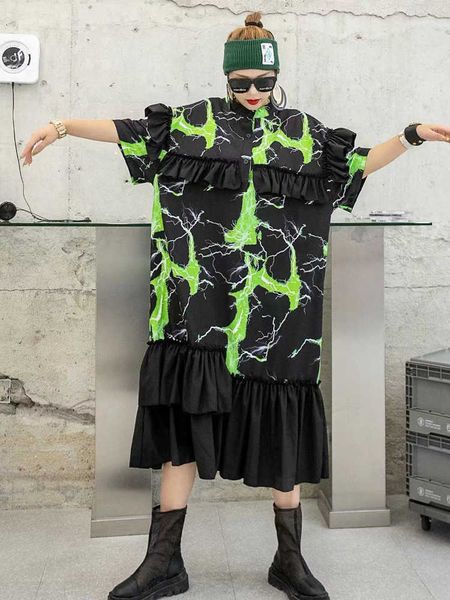 

superaen european ruffled shirt dress women's summer loose streetwear retro temperament casual 210615, Black;gray