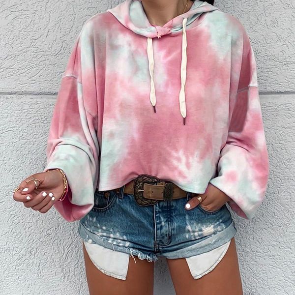 

korean sweatshirt women autumn print tie-dye knitted casual kawaii sweatshirts loose drawstring hooded women's clothing 210514, Black