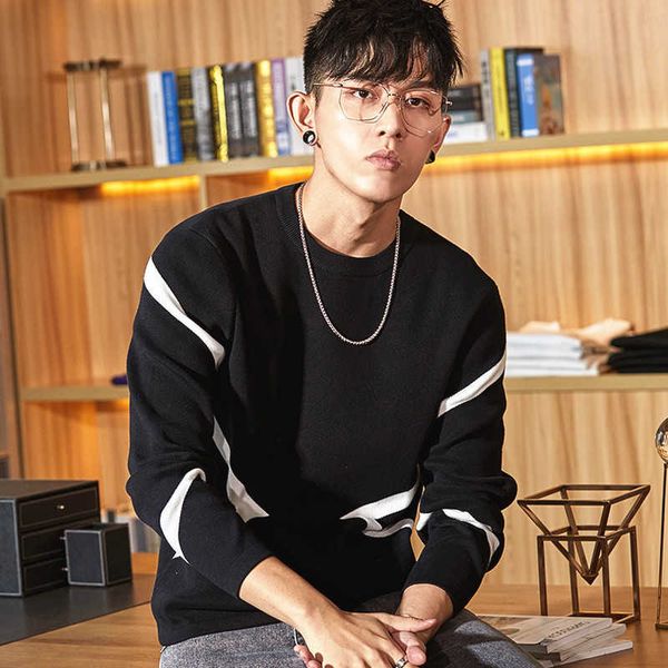 

fashion sweater pusite men's 2021 autumn round neck pullover slim jacquard trend long sleeve, White;black