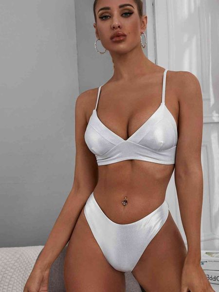 

2021 New Arrivals Womens Designer Bkini Solid Color 2 Piece Suit Sexy Backless Swimwear Fashion Casual Women Clothes, Silver